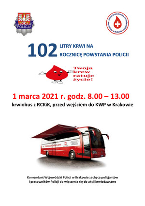 Plakat przedstawiający logo komendy wojewódzkiej oraz informację o planowanej na dzień 1 marca akcji zbiórki krwi przed siedzibą komendy wojewódzkiej policji w Krakowie