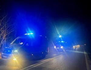 miejsce kolizji gdzie na drodze został zaparkowany radiowóz na sygnałach a w zaroślach stoi uszkodzony pojazd marki audi